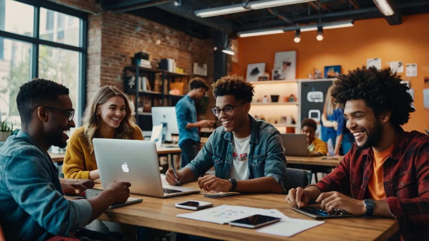 A group of diverse teenagers, smiling and focused, collaborating on their laptops and tablets. They are surrounded by colorful icons representing social media, writing, magnifying glasses (for SEO), and design tools.