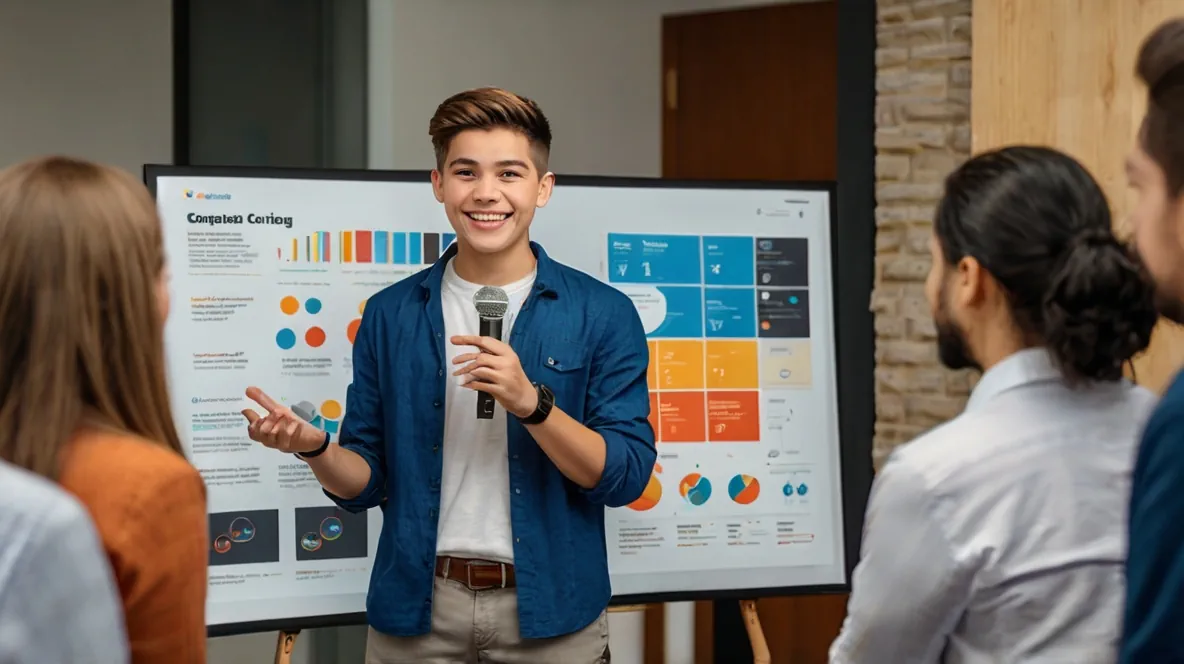 Teenager showcasing digital marketing skills to potential clients.