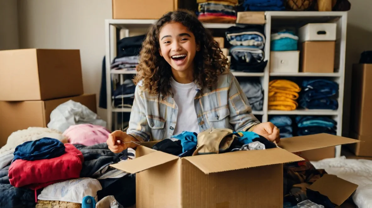A teenager excitedly packing a box with items to sell on eBay, surrounded by clothes, electronics, and other items.